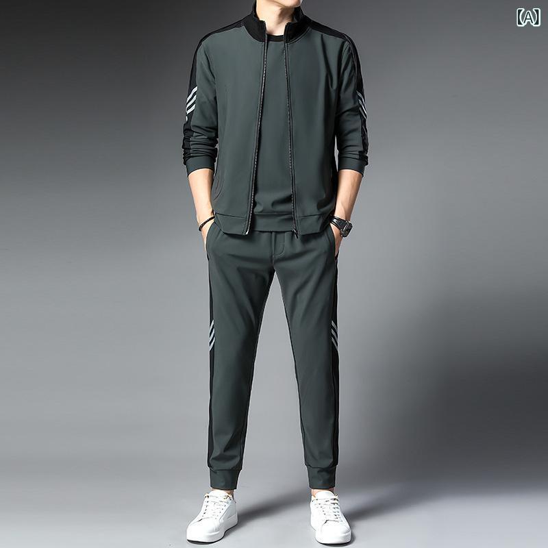 メンズ ジャージ 上下セット 薄手 普段使い 長袖 Tシャツ &amp; ジップアップ ジャケット &amp; ロングパンツ 3点セット 部屋着 ルームウェア スポーツウェア