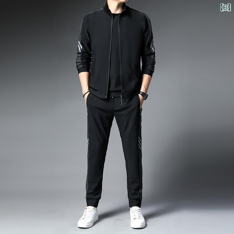 メンズ ジャージ 上下セット 薄手 普段使い 長袖 Tシャツ &amp; ジップアップ ジャケット &amp; ロングパンツ 3点セット 部屋着 ルームウェア スポーツウェア