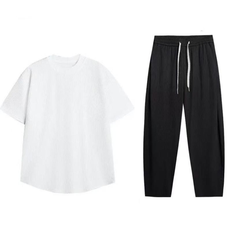 セットアップ メンズ 春夏 ストライプ 半袖 Tシャツ ハーレムパンツ 裾絞り ファッション 快適 リラックス カジュアル スポーティ ポリエステル ブラック ...