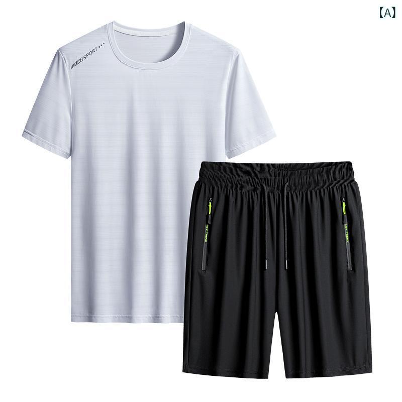 シャドーテールのTシャツ メンズ スポーツウェア 上下セット 夏 男性用 部屋着 ランニング トレーニングウェア 大きいサイズ 薄手 接触冷感 吸湿速乾 ブラック グレー ホワイト ブルー グリーン｜アングル2
