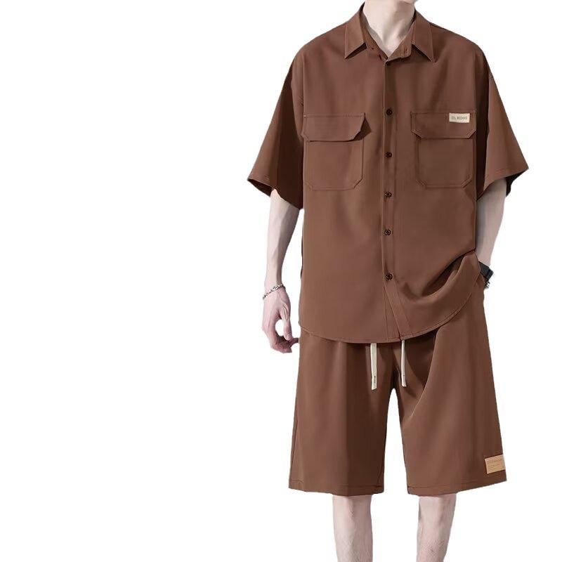 セットアップ メンズ 男性用 半袖シャツ ハーフパンツ 接触冷感 薄手 ルームウェア 部屋着 普段使い 韓国風 カジュアル ブラック 黒色 杏色 カーキ ポリエステル