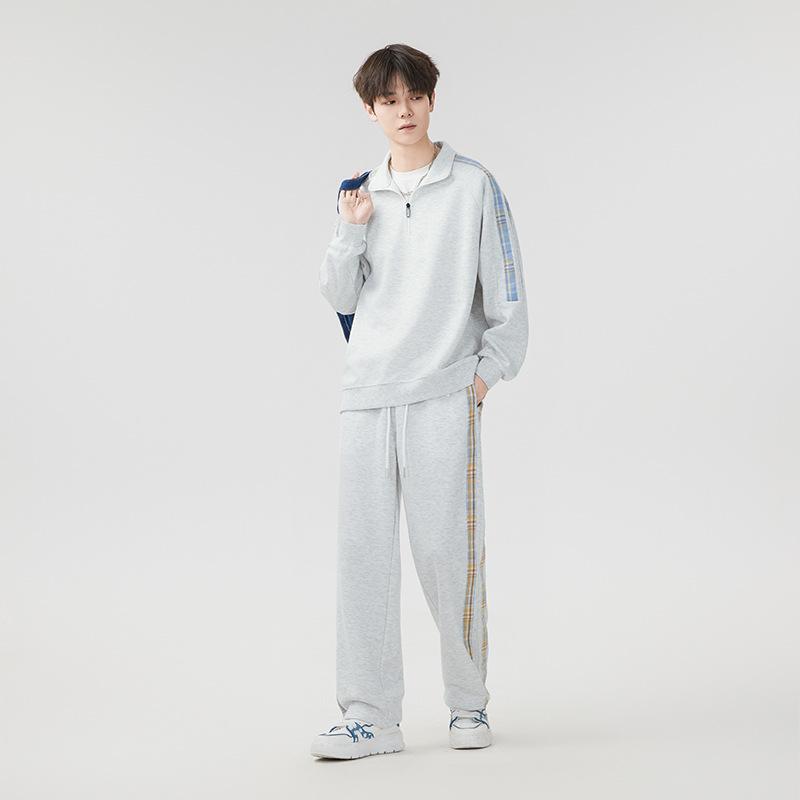 Collaboration - スウェット メンズ セットアップ 春秋 韓国風 格子柄 トレーナー パンツ 2点セット 男性用 部屋着 普段使い ブラック ネイビー グレー