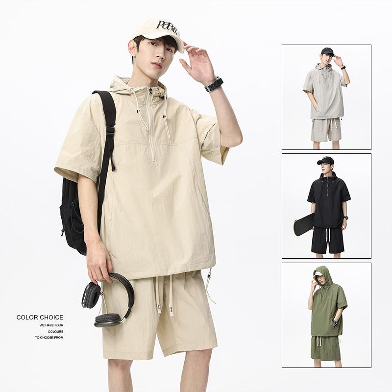 メンズ Tシャツ ショートパンツ 上下セット 接触冷感 スポーツウェア 男性用 部屋着 アウトドアウェア 薄手 カーキ色 深灰色 ブラック 軍緑色