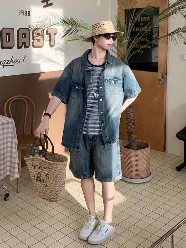 ・スタイル: 韓国・厚さ: 薄手・パンツ丈: ハーフパンツ・トップス: ジャケット・袖丈: 半袖・フード: なし・対象年齢: 18-24歳・素材: デニム、綿50%・用途: カジュアル・カラー: ライトブルー、ダークブルー・サイズ: S、M...