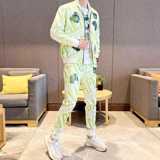 メンズ カジュアル セットアップ 長袖Tシャツ ロングパンツ 上下セット 春秋 スポーティー 草緑