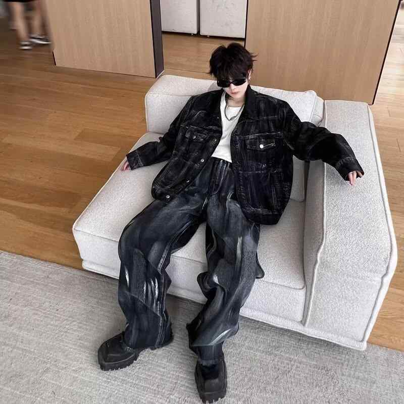 デニム メンズ セットアップ 男性用 デニムジャケット ジーンズ 上下セット ウォッシュ加工 ブラック 黒 長袖 Gジャン ジーパン カジュアル スタイル