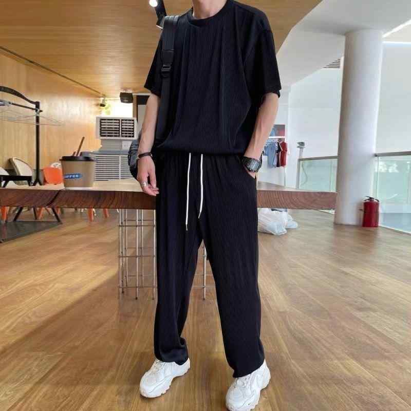 メンズ カジュアルセットアップ 半袖Tシャツ ワイドレッグパンツ 薄手 ルームウェア 部屋着 銀灰色