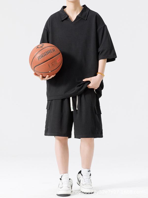 メンズ スポーツウェア セットアップ 半袖 Tシャツ 短パン 上下 2点 宽松 リラックス カジュアル 韓国風 ポリエステル ブラック ホワイト ベージュ