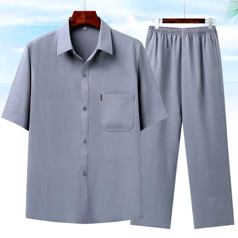 シャツ メンズ 男性用 半袖 ポリエステル 接触冷感 カジュアルシャツ ハーフパンツ 上下セット 部屋着 普段使い 父の日 敬老の日 プレゼント 深灰色 浅灰色...