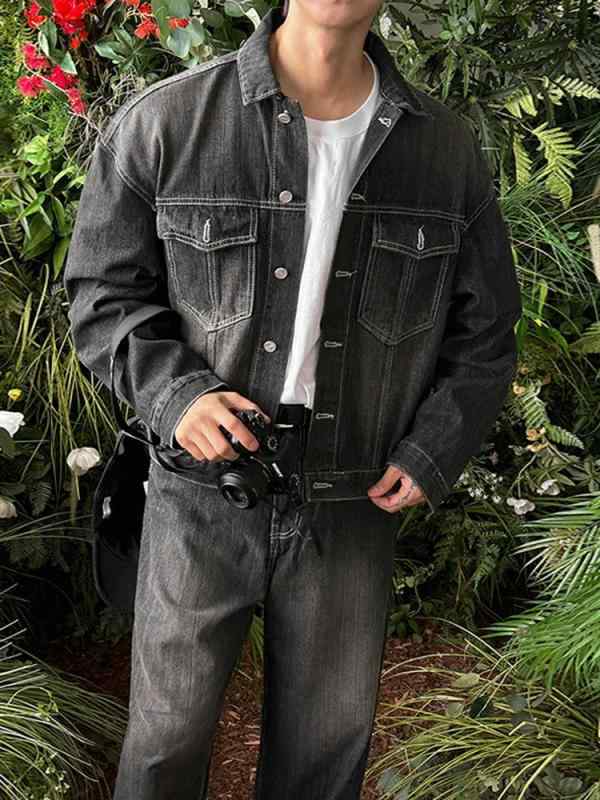 メンズ デニムセットアップ ウォッシュ加工 ジャケット & ストレートジーンズ 韓国スタイル 春物 カジュアル