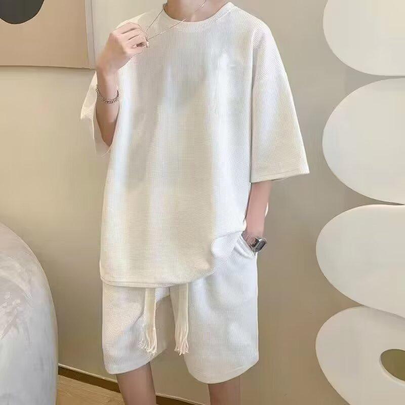 セットアップ メンズ 男性用 ワッフル 半袖Tシャツ ショートパンツ 上下セット ルームウェア 部屋着 普段使い 薄手 ポリエステル ブラック ホワイト グレー ブルー 春夏