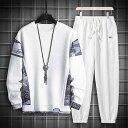 スウェット メンズ 上下セット ワッフル カシューナッツ柄 カジュアル ウェア 春秋 ポリエステル 長袖 トップス パンツ 部屋着 ルームウェア スポーティ 白...