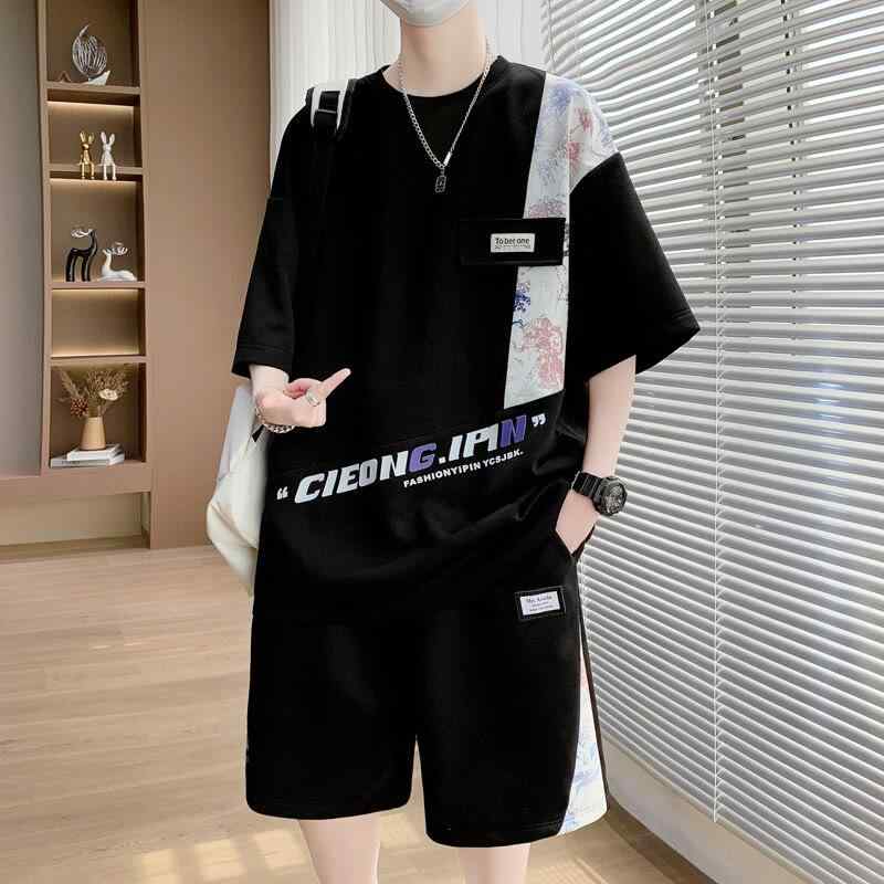 乐天商城 - メンズ カジュアル セットアップ 半袖Tシャツ ショートパンツ 薄手 ポリエステル混紡 韓国風 リラックス ウェア ルームウェア スポーティ 春夏 ブラック ホワイト イエロー系