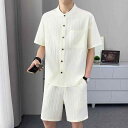 セットアップ メンズ 半袖シャツ ショートパンツ 薄手 通気性 テーラードカラー カジュアル 春夏 オフホワイト ブラック ベージュ