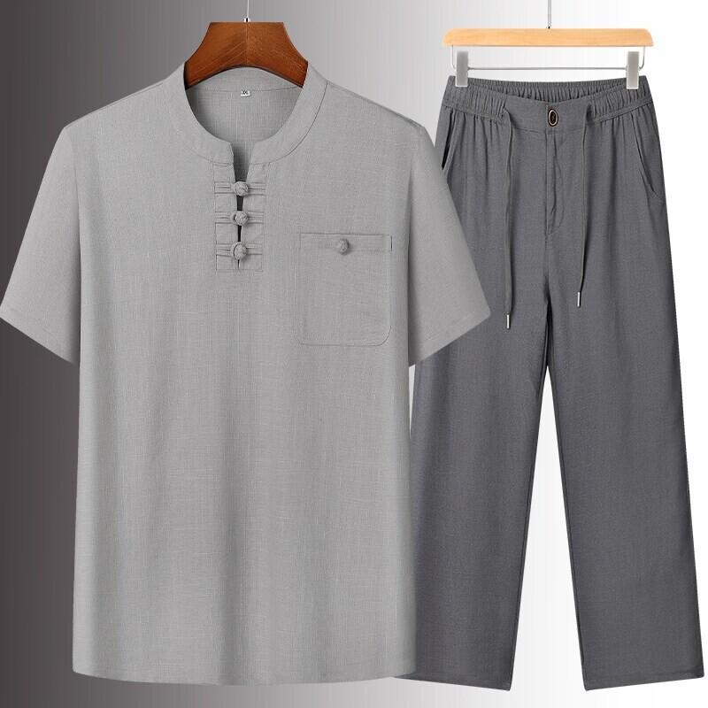 セットアップ メンズ 男性用 部屋着 リネン 麻混紡 チャイナ風 唐装 半袖シャツ 長ズボン 春秋 薄手 普段使い 杢グレー系