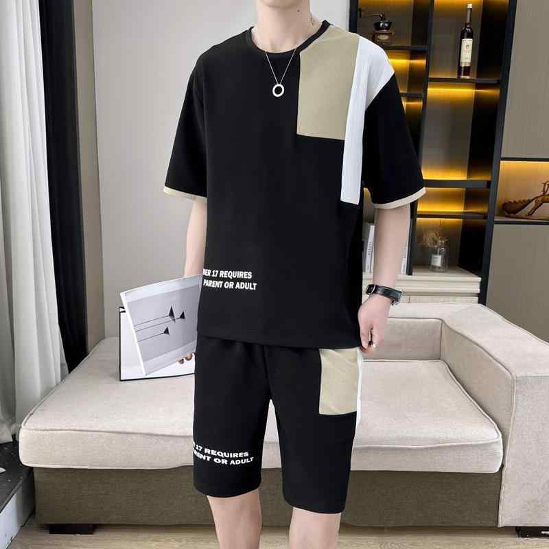 メンズ セットアップ Tシャツ ショートパンツ 半袖 ポリエステル混紡 スポーツウェア スポーティ カジュアル ゆったりサイズ ブラック系