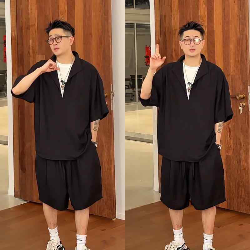 シャツ メンズ 半袖 ショートパンツ ポリエステル 混紡 セットアップ 薄手 ブラック 黒 夏 サマー 2点セット 部屋着 ルームウェア 普段使い カジュアル スタイル