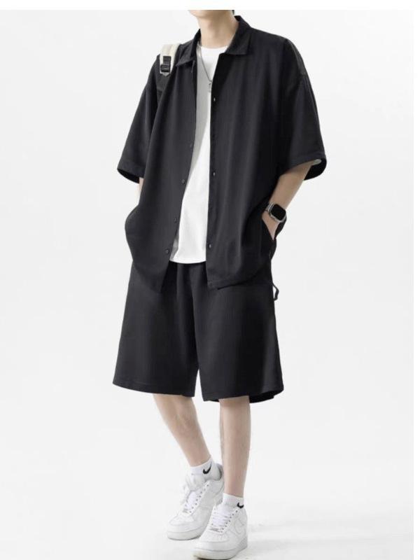 シャツ メンズ 半袖 コットン カジュアル セットアップ ハーフパンツ 上下セット ルームウェア 部屋着 ブラック系 大きいサイズ サマー 春夏