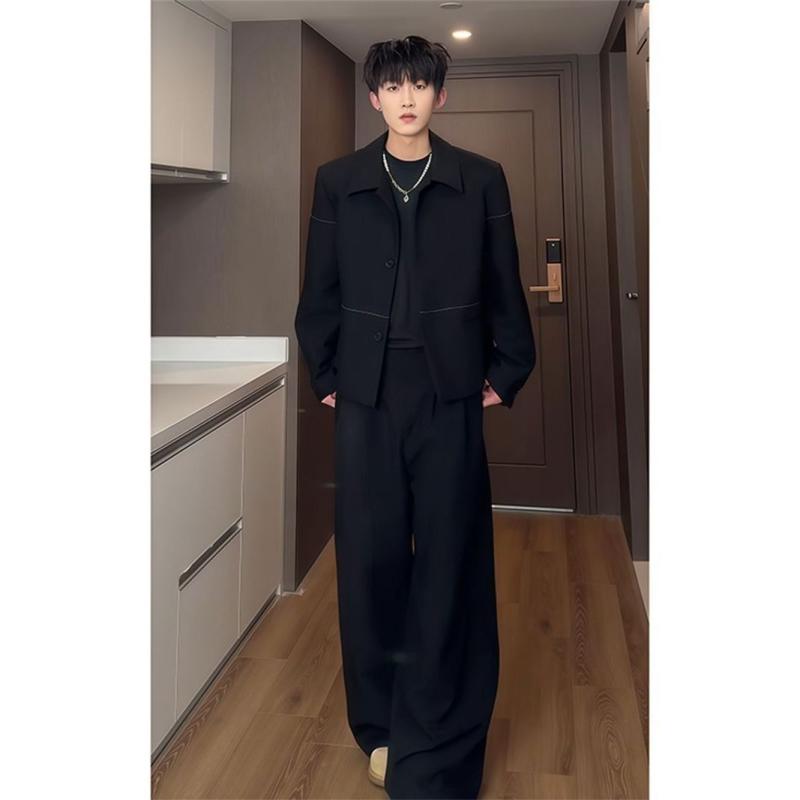 ・メイン素材: ポリエステル繊維・フロント: 2つボタン・襟の形: スタンドカラー・フィット: スリム・カラー: ブラック（セットアップ、ジャケット）・サイズ: M, L, XL, 2XL・スタイル: 韓国風・素材: 化学繊維混紡