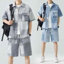 シャツ メンズ 半袖 ショートパンツ 薄手 接触冷感 ポリエステル 夏 上下セット 2点セット ルームウェア 部屋着 パジャマ 普段使い リラックス デニム ブ...
