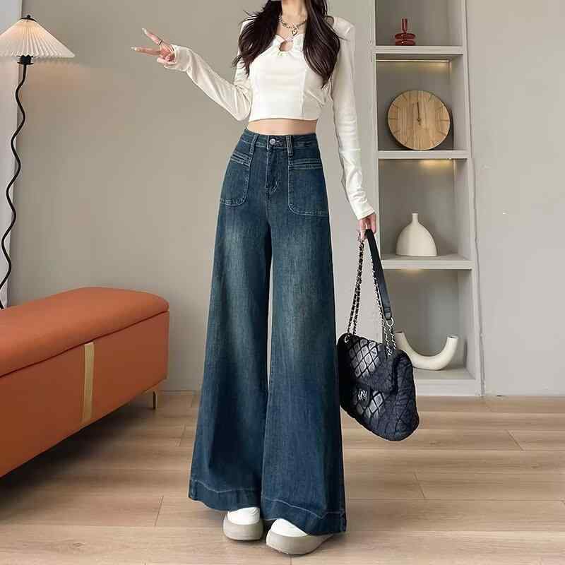 デニムパンツ レディース 美脚 脚長 着痩せ ハイウエスト コットン ストレッチ ワイドパンツ ストレート ジーパン ジーンズ ロング丈 ボトムス カジュアル 通勤 デート 旅行 春 夏 秋 冬 ブルー グレー ブラック