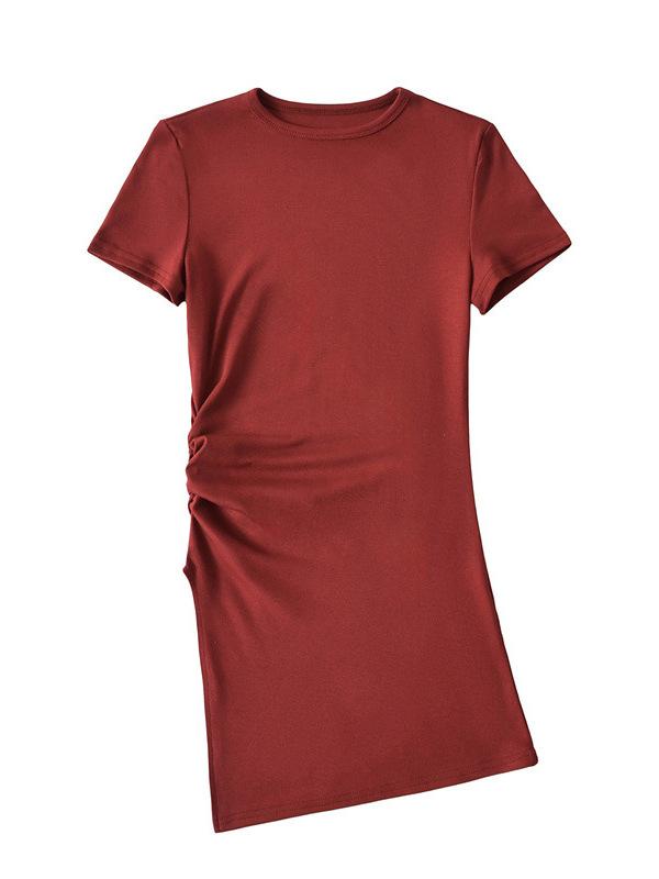 Tシャツ レディース デザイン性 アシンメトリー スリット入り ウエストシェイプ クルーネック 半袖 ミドル丈 トップス 無地 ワインレッド 深海ブルー モカブラウン オレンジ グレー ブラック 修身 カットソー