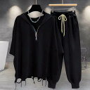 メンズ 半袖Tシャツ セットアップ 韓国風 パーカー付き 破れ加工 カジュアル 普段使い 部屋着 トップス パンツ 綿 春夏 ブラック ホワイト グレー