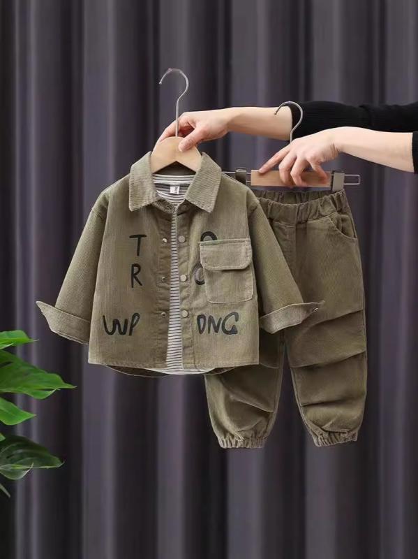 子供用セットアップ キッズ 男の子 長袖シャツ コーデュロイパンツ 2点セット 春秋 冬 90cm 100cm 110cm 120cm 130cm 軍 সবুজ