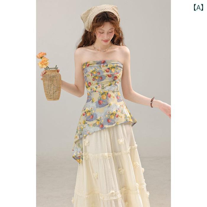 タンクトップ レディース 不規則 一字领 花柄 碎花 プリント スリムフィット ショート丈 ポリエステル 公主风