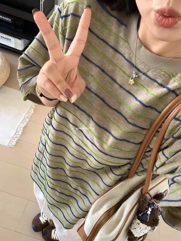 Tシャツ レディース ゆったり 半袖 トップス チュニック 配色 ストライプ柄 ラウンドネック コットン リネン 混紡 普段使い ルームウェア 2025年春夏 グリーン