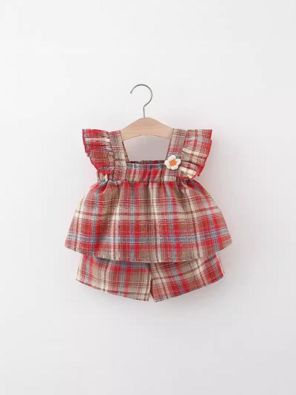 子供服 パンツセット 半袖トップスとショートパンツのセットアップ 女児 幼児 夏 綿 格子柄 かわいい 赤色 80 90 100 110cm