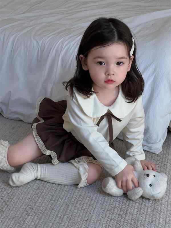 子供用セットアップ 秋物 女児 襟付きトップス ズボン 上下2点セット ベビー服 かわいい 花柄 レース 綿95% 73CM 80cm 90cm 100cm