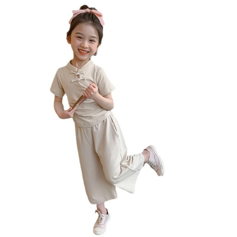 子供用パンツセット 薄手 半袖 トップス ワイドレッグパンツ 2点セット 女の子 夏 中小サイズ 接触冷感 無地 B類