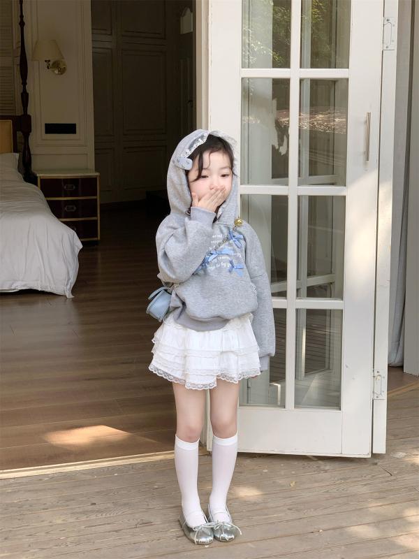 子供服 女の子 花柄レース フリル パーカー スカート 上下セット 春秋 長袖 ガールズ かわいい レース使い やわらかコットン