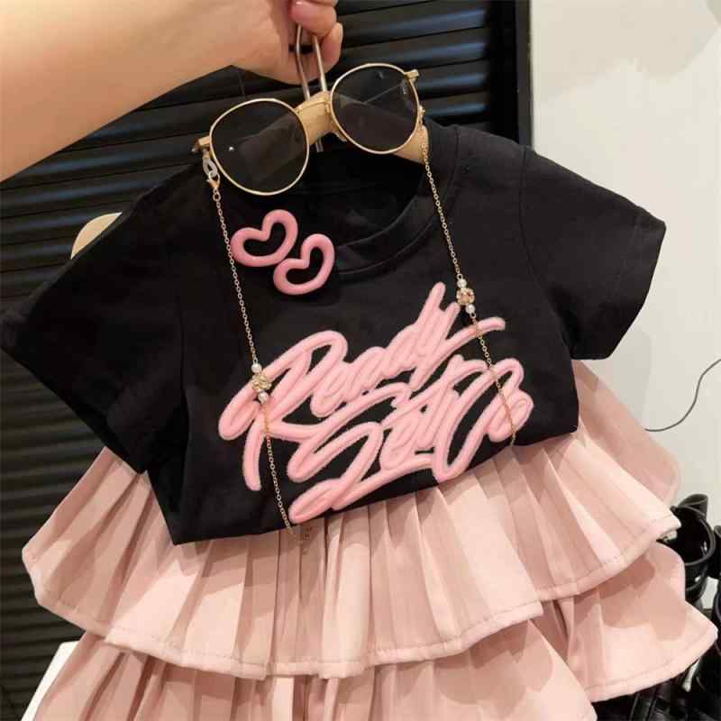 セットアップ キッズ 女の子 子供服 半袖 Tシャツ チュニック プリーツ ケーキスカート 上下 2点 綿 薄手 かわいい 夏