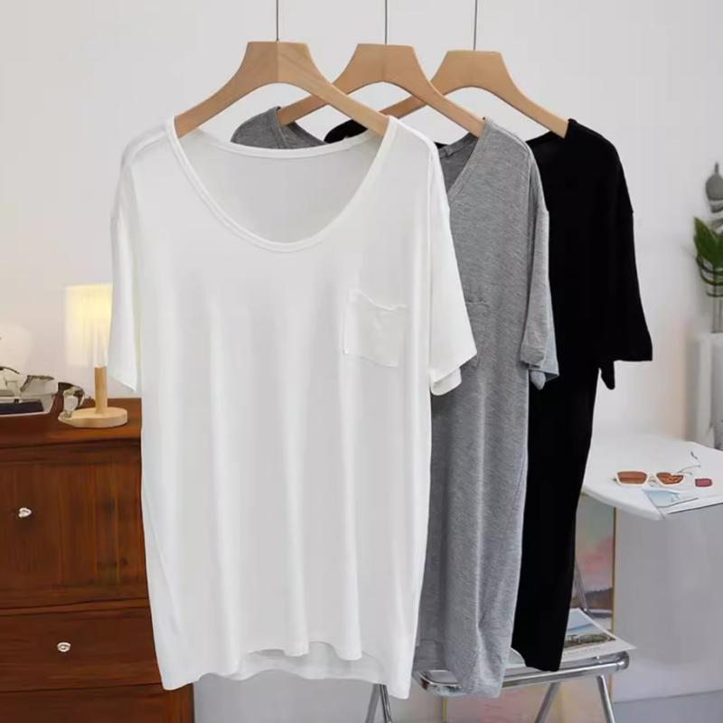 乐天商城 - Tシャツ レディース 接触冷感 モダール混紡 ラウンドネック 半袖 トップス 薄手 ゆったり 無地 カジュアル 日韓風 黒 白 灰色