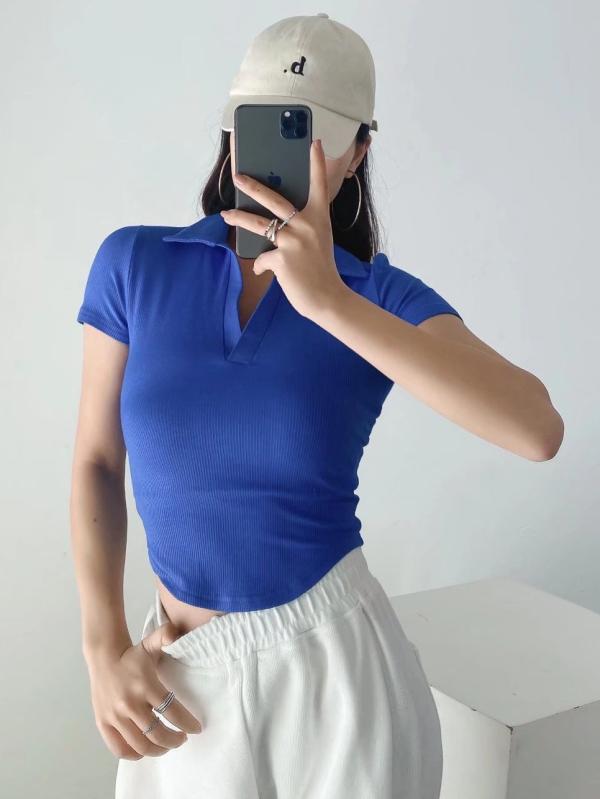 Tシャツ レディース 半袖 ポロ襟 無地 ショート丈 トップス カットソー 伸縮性 ストレッチ ブルー グレー ホワイト ブラック ベージュ