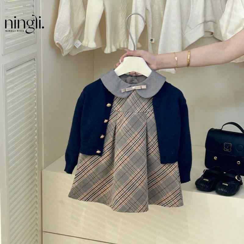 子供用セットアップ ニットカーディガンとワンピースの2点セット 女の子 春秋 格子柄 コットン 80 90 100 110 120 130