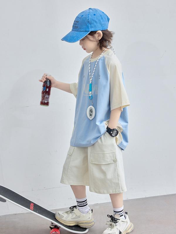 子供用 半袖 短パン セットアップ 夏物 男の子 2点セット 薄手 おしゃれ 普段着 部屋着 綿 青色 120cm 130cm 140cm 150cm 160cm 170cm