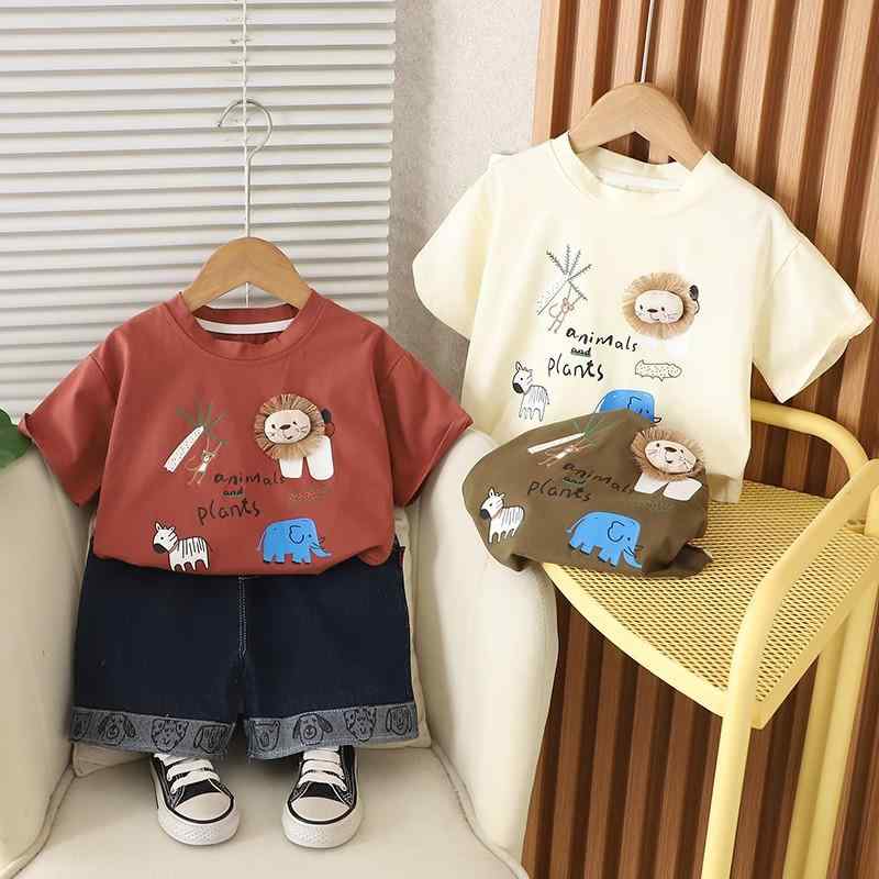 乐天商城 - 子供服 半袖Tシャツ ショートパンツ 2点セット かわいい アニマル柄 男の子 幼児 トップス ボトムス 綿混紡 春夏 カジュアルスタイル 80cm 90cm 100cm 110cm 120cm
