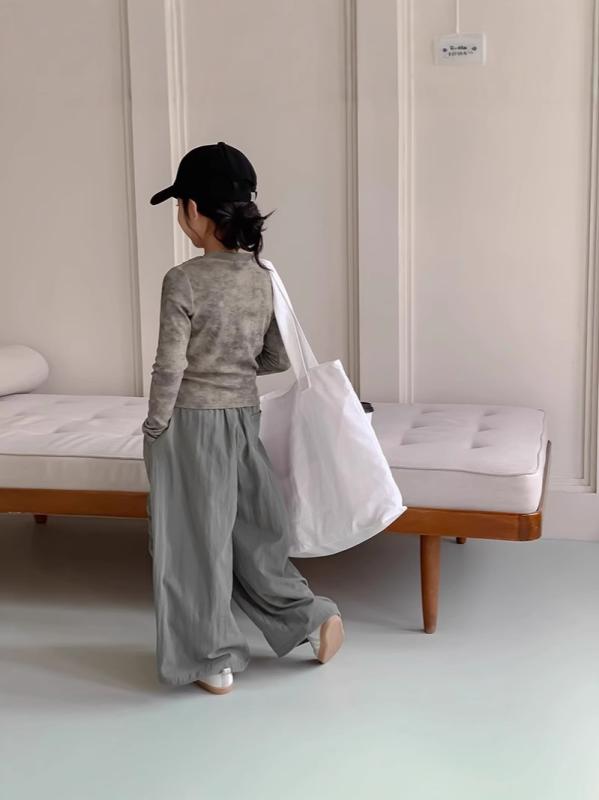 Other - 子供用パンツセット 春秋物 女の子 トップス ＋ ワイドパンツ 上下セット 2点セット 綿 無地 黄緑色 ＋ グレー かわいい おしゃれ 普段着 通園 通学 100 110 120 130 140 150 160cm