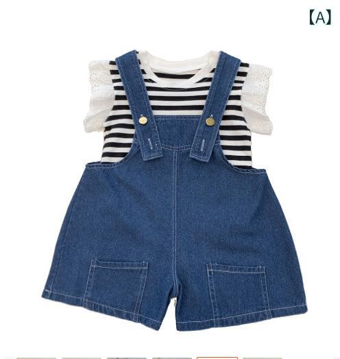子供服 女の子 ストライプ 半袖 トップス デニム ショートパンツ 2点セット 韓国風 薄手 かわいい ガールズ 上下セット 夏
