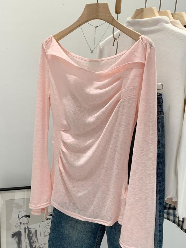 Three-Quarter - Tシャツ レディース フレンチスタイル シアー素材 日焼け止め 襟付き ドルマンスリーブ デザイン性 無地 トップス カットソー コットン混紡 接触冷感 通勤着 普段使い