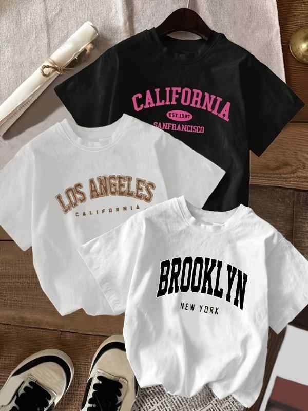 Rakuten - Tシャツ レディース 3枚セット コットン 半袖 アニメプリント クルーネック スリムフィット カジュアル 普段使い ホワイト ブラック
