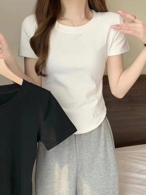 Tシャツ レディース 綿 不規則 半袖 スリム ショート丈 トップス かわいい おしゃれ ホワイト ブラック