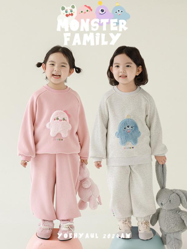子供用セットアップ トレーナー & パンツ 厚手 裏起毛 リブニット ウエストゴム モンスター柄 刺繍入り カジュアル 普段着 長袖 冬 80 90 100 110 120 130 140cm