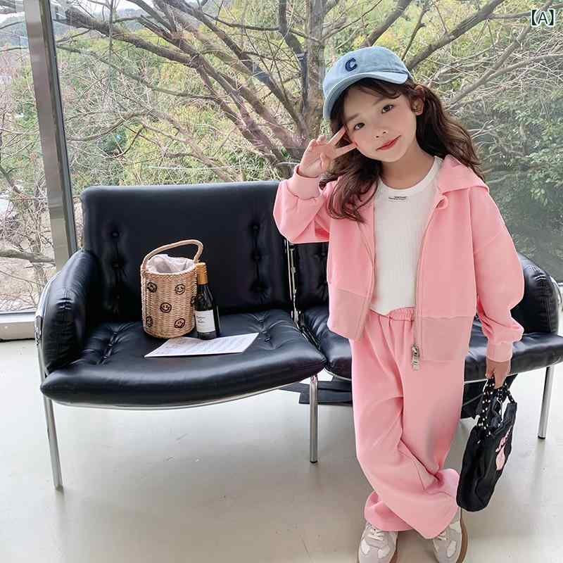 シャドーテールの子供用スウェットセットアップ 女の子 春物 長袖パーカー 長ズボン 2点セット スポーツMIX スタイル 普段着 ピンク系｜アングル2