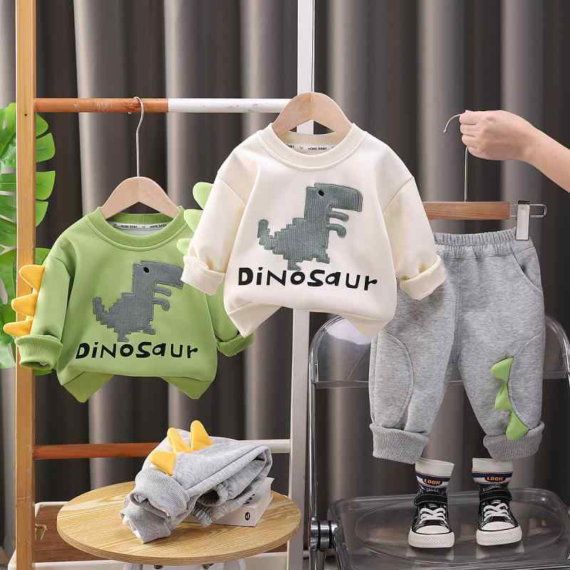 キッズ ボーイズ スウェット 上下セット 2点セット 長袖 長ズボン 恐竜プリント 春秋 普段着 部屋着 綿90% グリーン ベージュ系 80 90 100 110 120cm