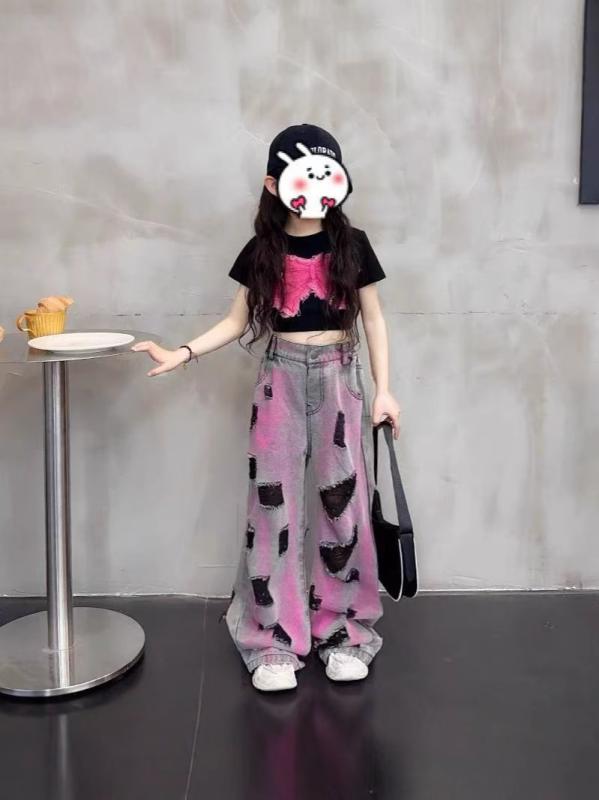 子供用パンツセットアップ 半袖トップス 破れ加工デニムパンツ 刺繍 バタフライ 春夏秋 普段使い