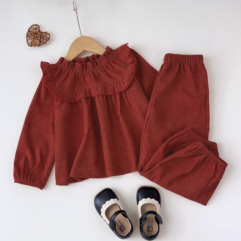 子供用セットアップ 韓国風 長袖トップス ズボン 2点セット 女の子 無地 カジュアル 春秋 普段着 深紅色